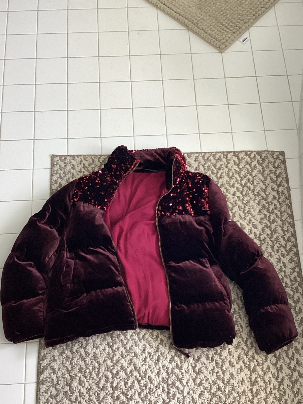 Maeve Burgundy Velvet Sequin Puffer Jacket with Magenta Lining